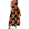 longue décontractée sans manches à fleurs de lys orange pour femme, idéale pour l'été, la plage et les vacances.