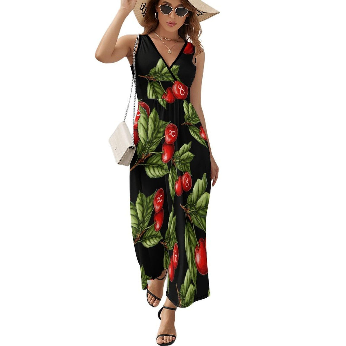 maxi imprimée cerises pour femme, robe sans manches