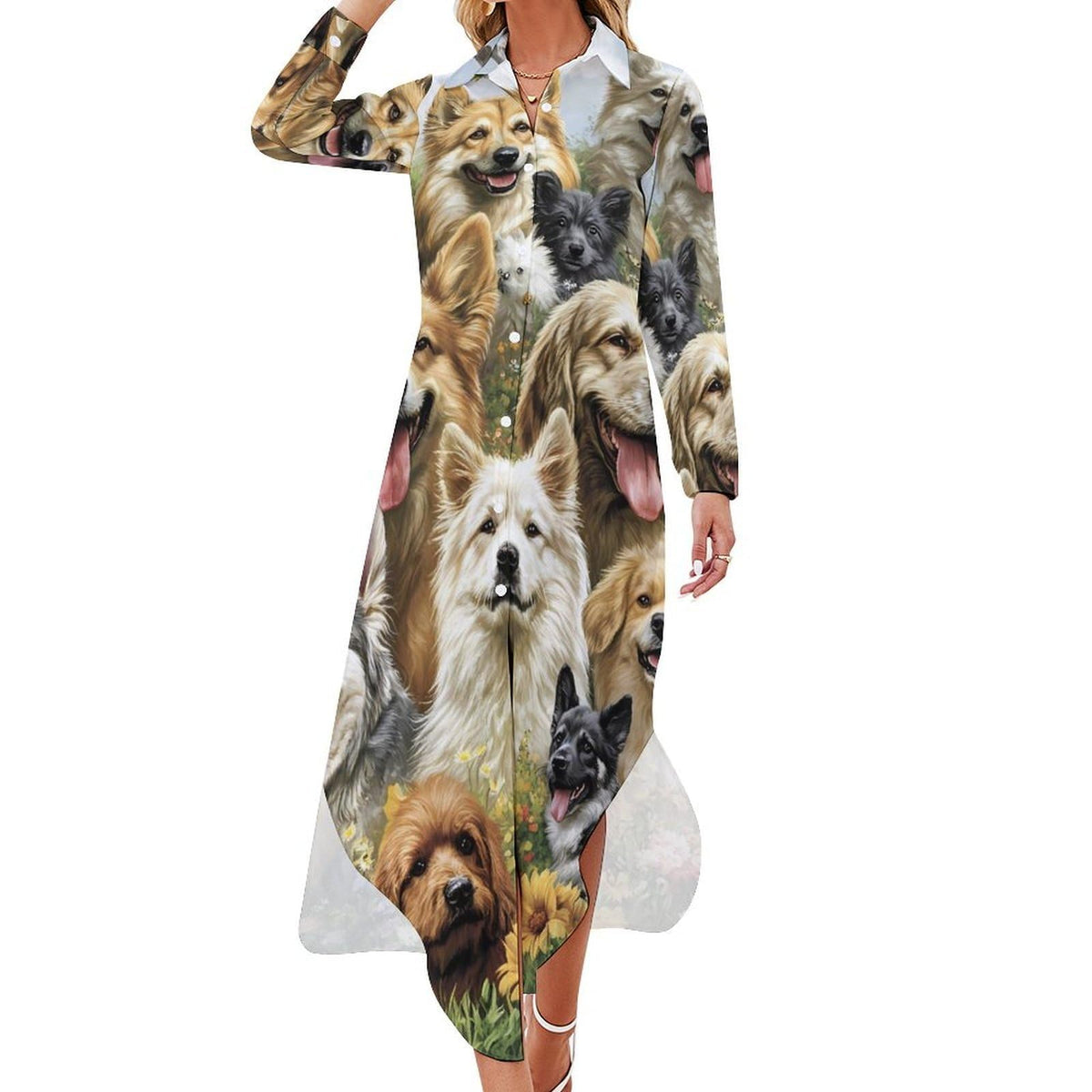 longue boutonnée fendue pour femme, motif chiens et chiots, chemisier à manches longues