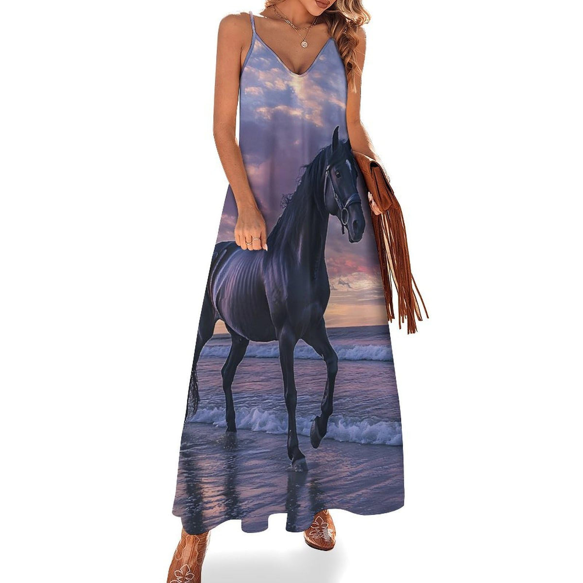 longue maxi d'été sans manches à motif de cheval sauvage sur la plage, idéale pour les femmes.