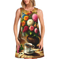 sans manches Elegant-Floral-Coffee-Moments pour femme, avec 2 poches latérales, coupe trapèze.